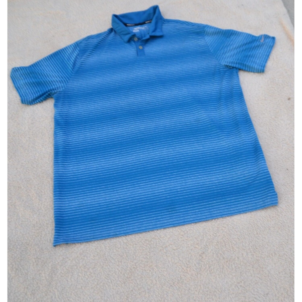 Nike Polo‎ Shirt Men's XXL Blue Dri Fit Golf Performance Stripe Swoosh